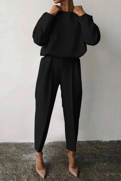 Casual Solid Color Round Neck Pencil Pants Suit