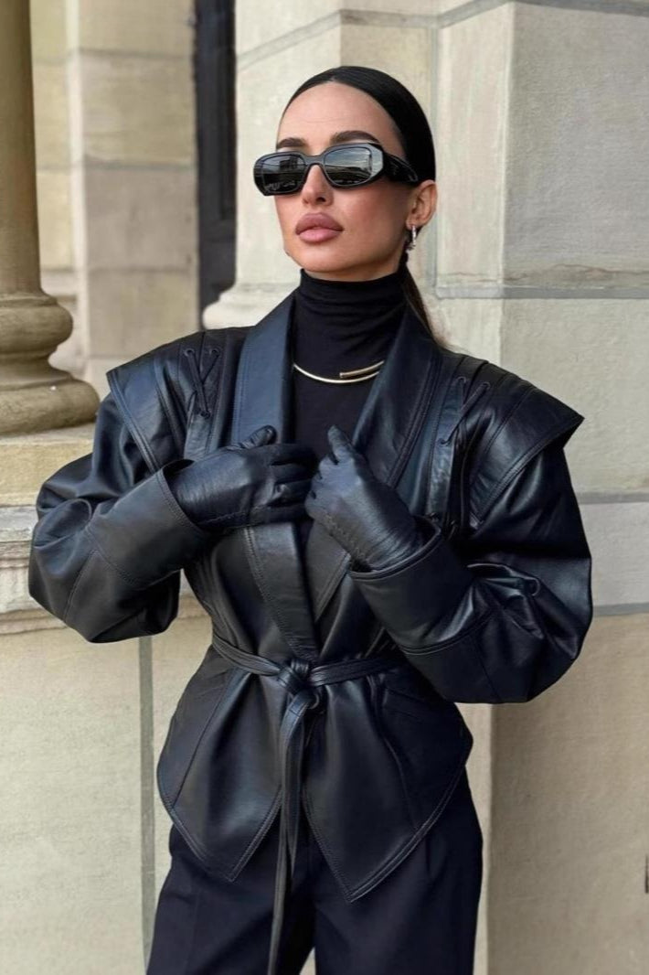 Vintage Belted PU Leather Jacket