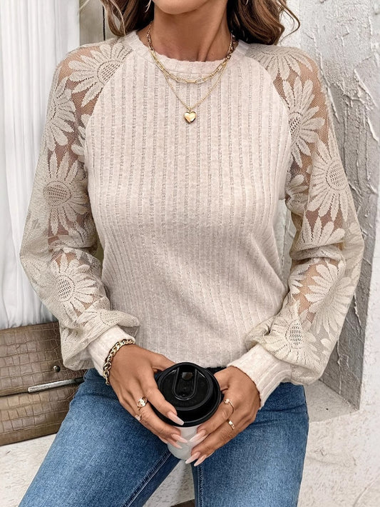 Apricot Crew Neck Hollow Lace Stitching Long Sleeve Blouse