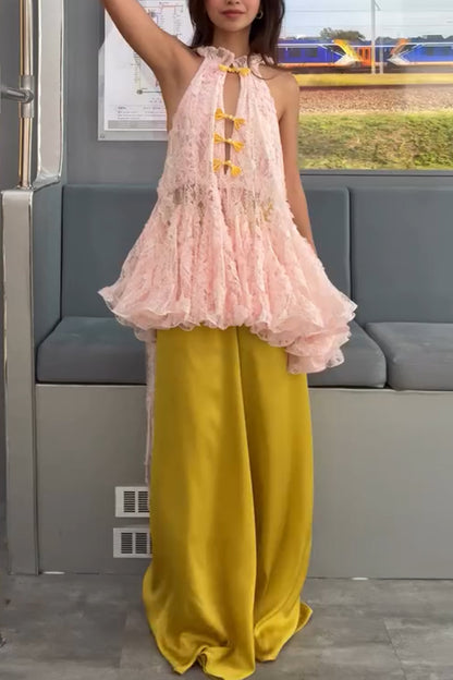 Cheongsam Style Lace Stand Neck Knots Button Ruffle Flare Hem Top