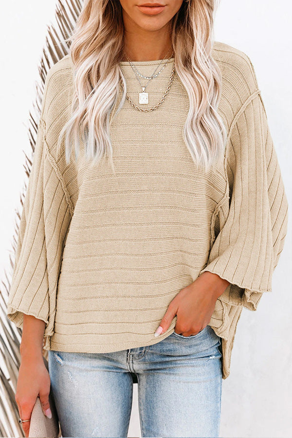 Apricot Solid Color Ribbed Knit 3/4 Sleeve Pullover Sweater