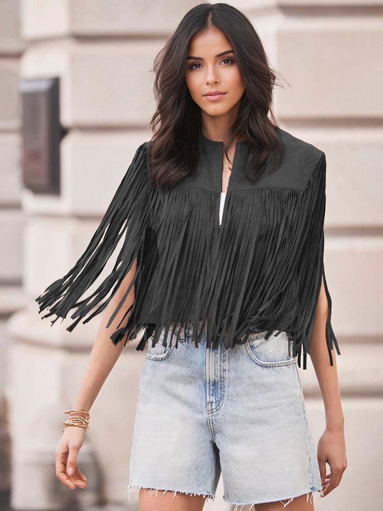 Western Cowgirl Fringe Vest Crew Neck Bohemian Spring Suede Jacket For Women 2026
