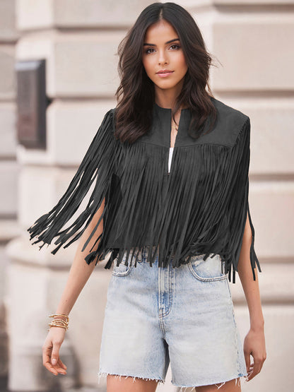 Western Cowgirl Fringe Vest Crew Neck Bohemian Spring Suede Jacket For Women 2026