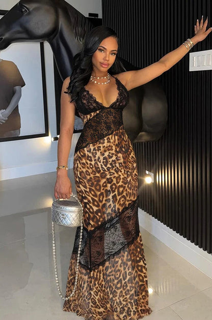 Print Lace Bodice Diagonal Lace Panel V Neck Bodycon Midi Dress