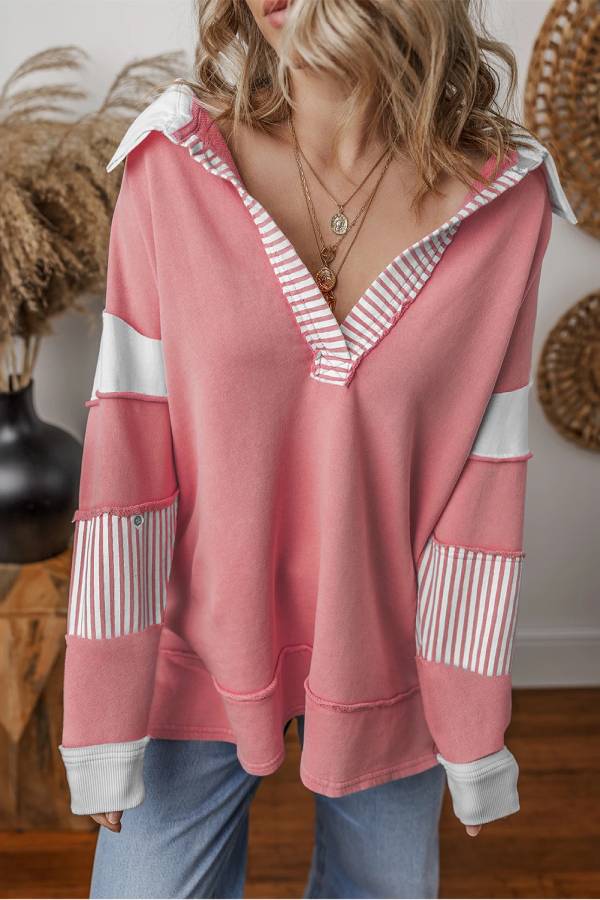 Light French Beige Striped Patchwork Collar Sweatshirt