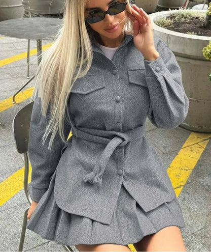 Grey Pockets Pleated Mini Office Two Piece Set