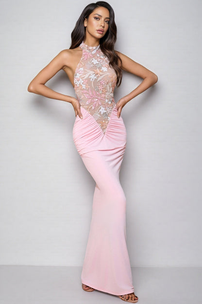 Vincas Embroidered Neck Sequin Maxi Dress