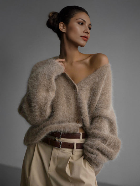 Faux Fur Cardigan khaki Long Sleeves V-Neck Oversized Spring Cozy Outerwear For Women 2026