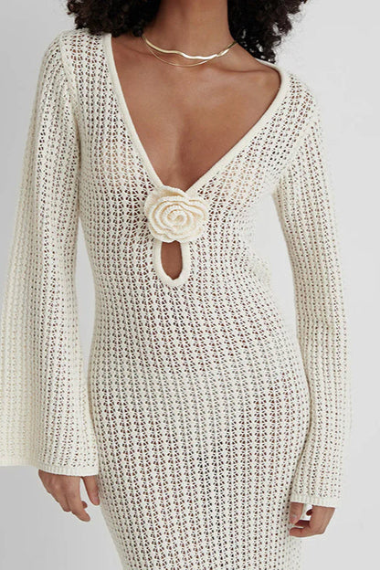 V Neck Backless Knit Beach Maxi Dress