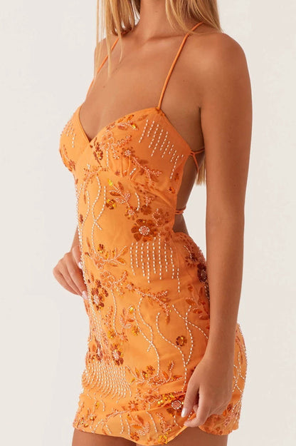 Spaghetti Strap V-Neck Floral Beaded Sequin Embroidered Bodycon Mini Dress