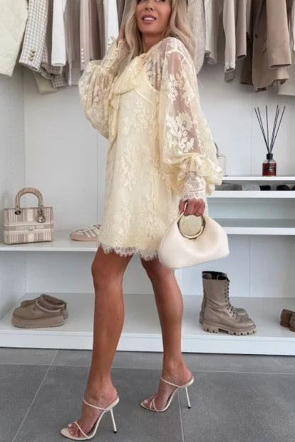 Night Rose Lace Bow Neck Long Balloon Sleeve A-line Mini Dress