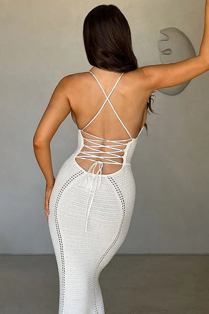 Crochet Knit Halter Deep V Ladder Panel Bodycon Maxi Dress