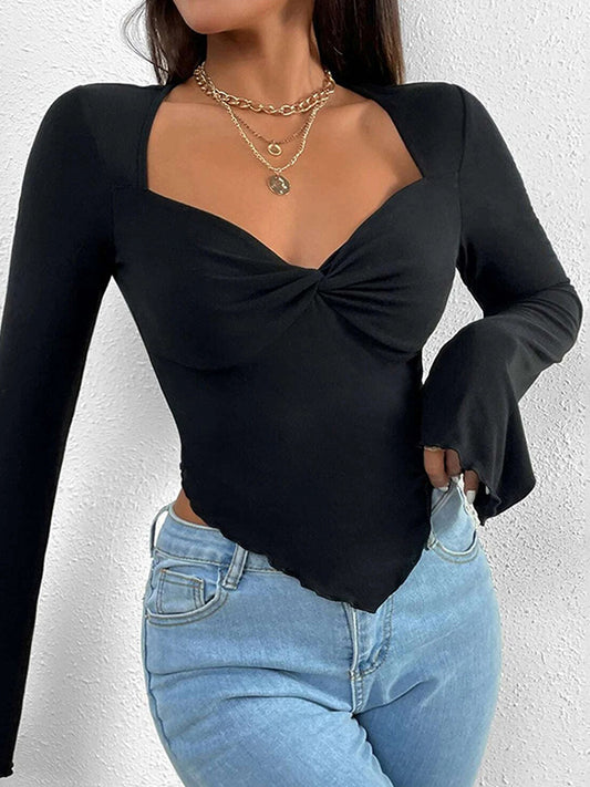 Solid V Neck Ruched Irregular Hem Knit Long Sleeve Tee