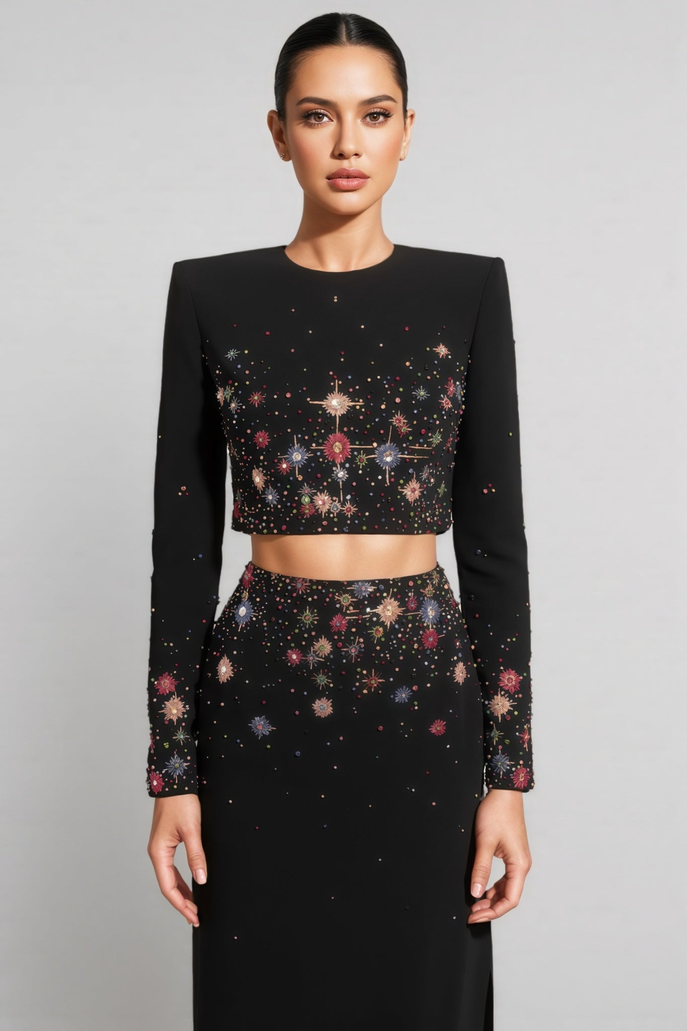 Keirt Black Rhinestone Stud Maxi Dress Set