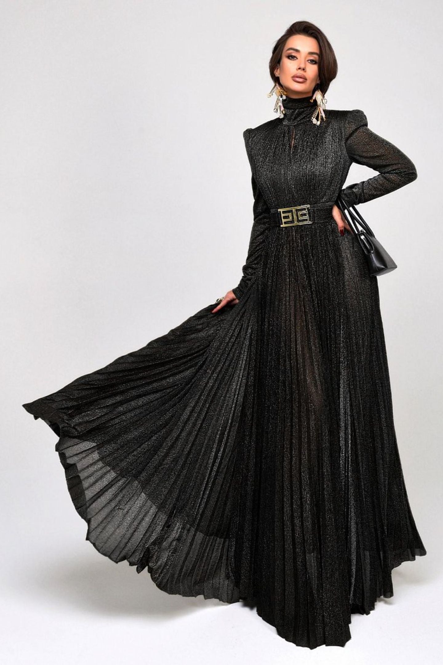 Elsie Metallic Pleated Belted Maxi Dress