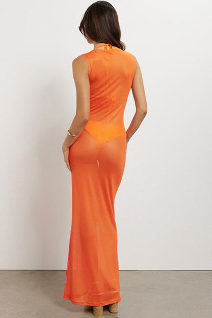 Floral Print Sleeveless Mesh Bodycon Maxi Dress