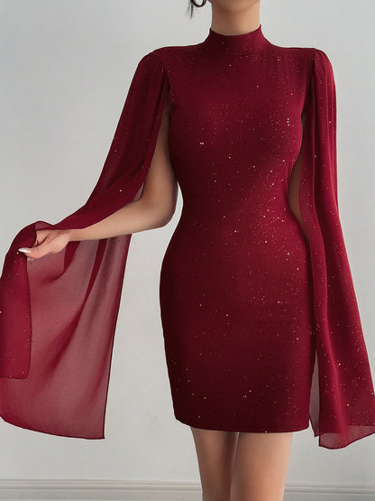 Mock Neck Sheer Cape Sleeve Glitter Ribbed Knit Bodycon Mini Dress