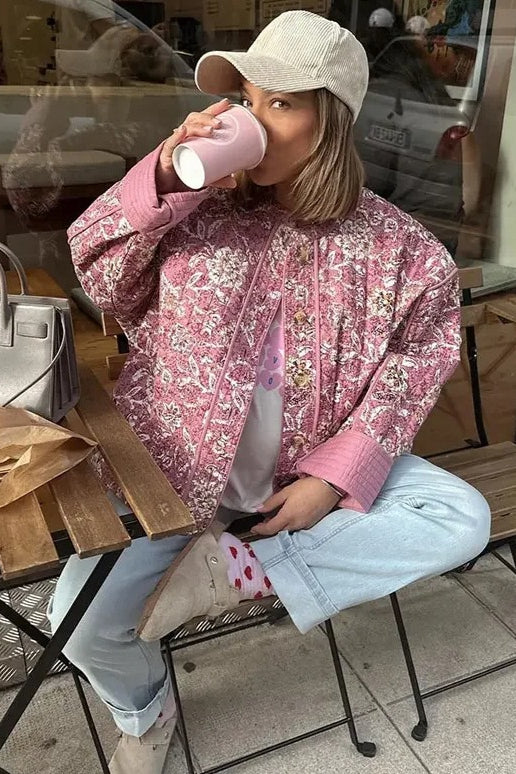 Floral Print Crew Neck Padded Coat