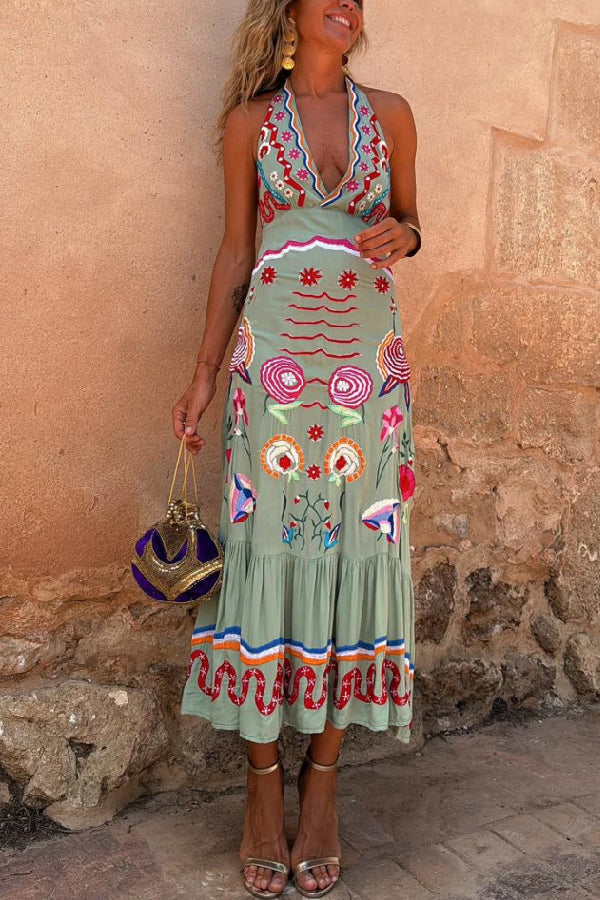 V-neck Casual Oil Painting Print Art Suspender Dress