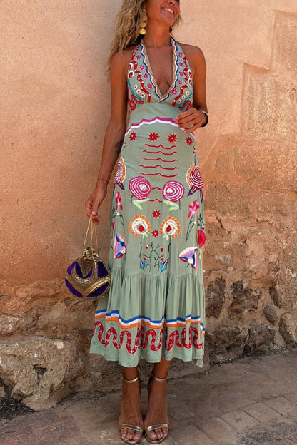 V-neck Casual Oil Painting Print Art Suspender Dress