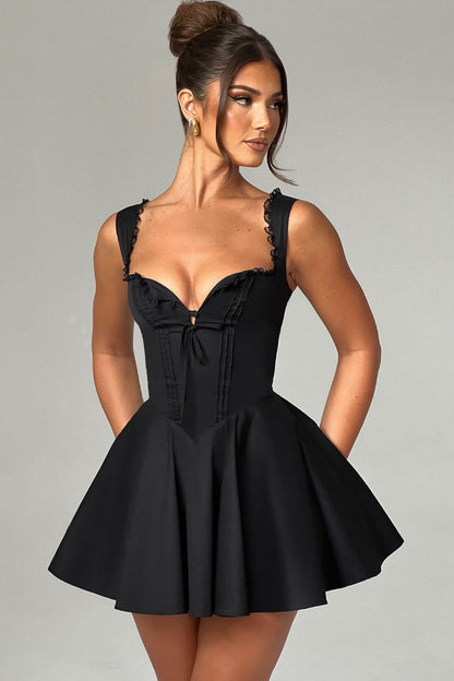 Lace Trim Square Neck Corset Bow Detail Fit and Flare Mini Dress