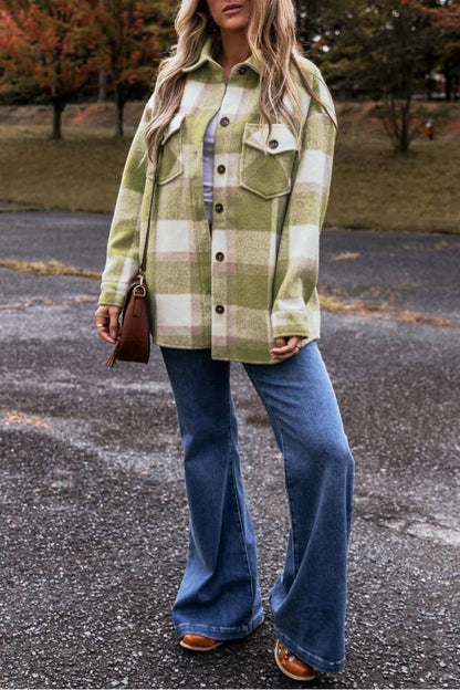 Sage Green Plaid Print Buttoned Flap Pockets Baggy Shacket