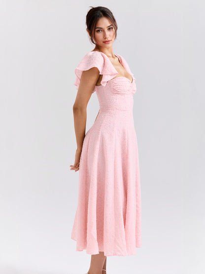 Floral Jacquard Soft Pink Dress With Butterfly Sleeve A-line Midi Party Dress For Women 2026