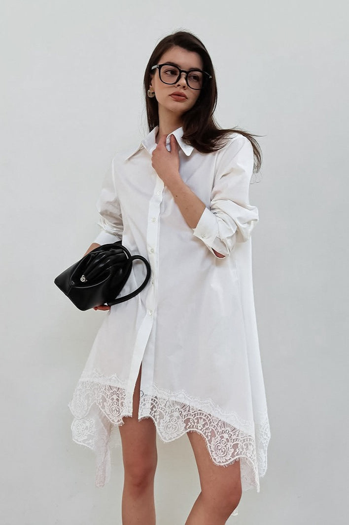 Point Collar Button Front Long Sleeve Lace Trim Handkerchief Hem Mini Shirt Dress