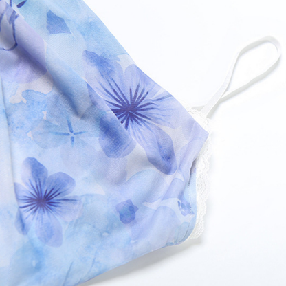 Ruched lace hem flower print slit maxi dress