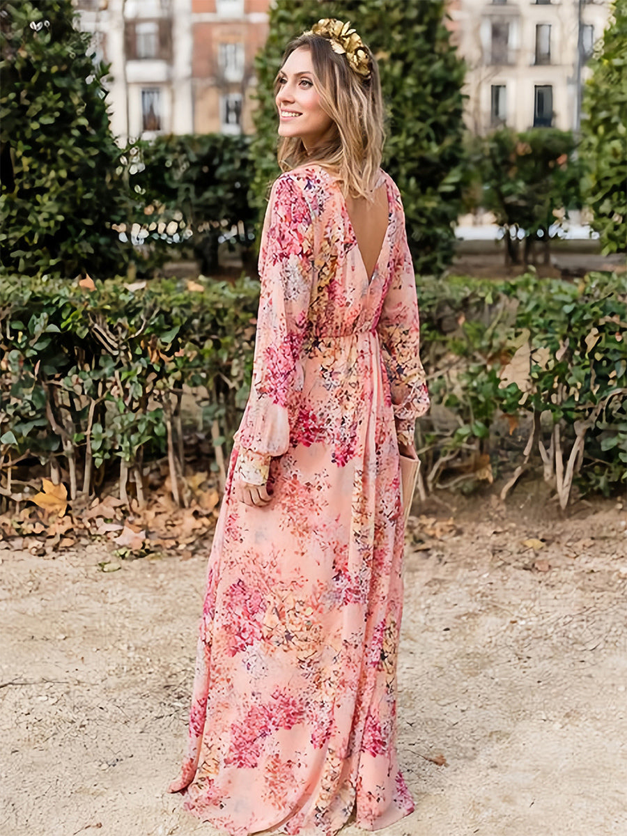 Floral Maxi Dress for Women - Pink Wrap V Neck Lantern Sleeve Long Dress - Spring Garden Wedding Guest 2026