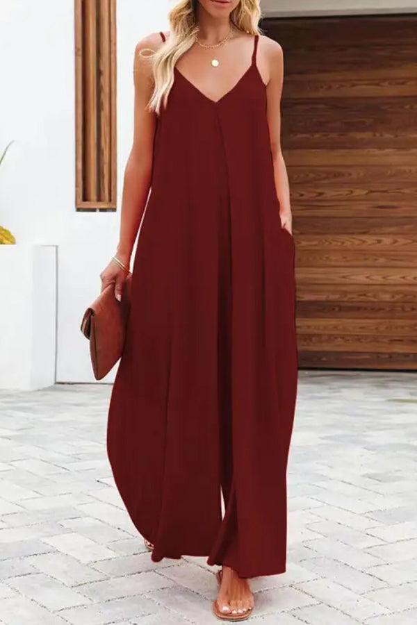 Solid Color Side Pocket Casual Wide-leg Suspender Jumpsuit