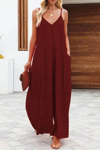 Solid Color Side Pocket Casual Wide-leg Suspender Jumpsuit