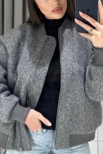 Stand Collar Loose Long Sleeve Ribbed Flight Jacket