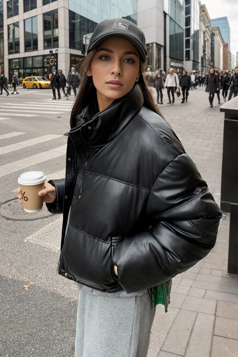 Cropped Faux Leather Insulated Puffer Jacket