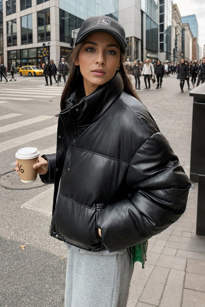 Cropped Faux Leather Insulated Puffer Jacket
