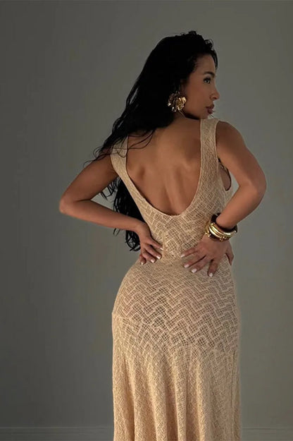 Crochet Knit Boat Neck Sleeveless Chevron Pattern Fit and Flare Maxi Dress