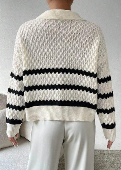 Polo Collar Textured Pullover – Elegant Striped Knitwear