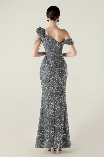 Draped One Shoulder Ruffle Formal Dress