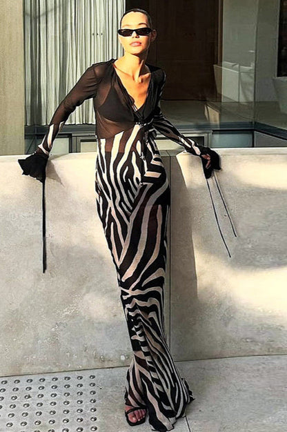 Colorblock Print V Neck Mesh Maxi Dress