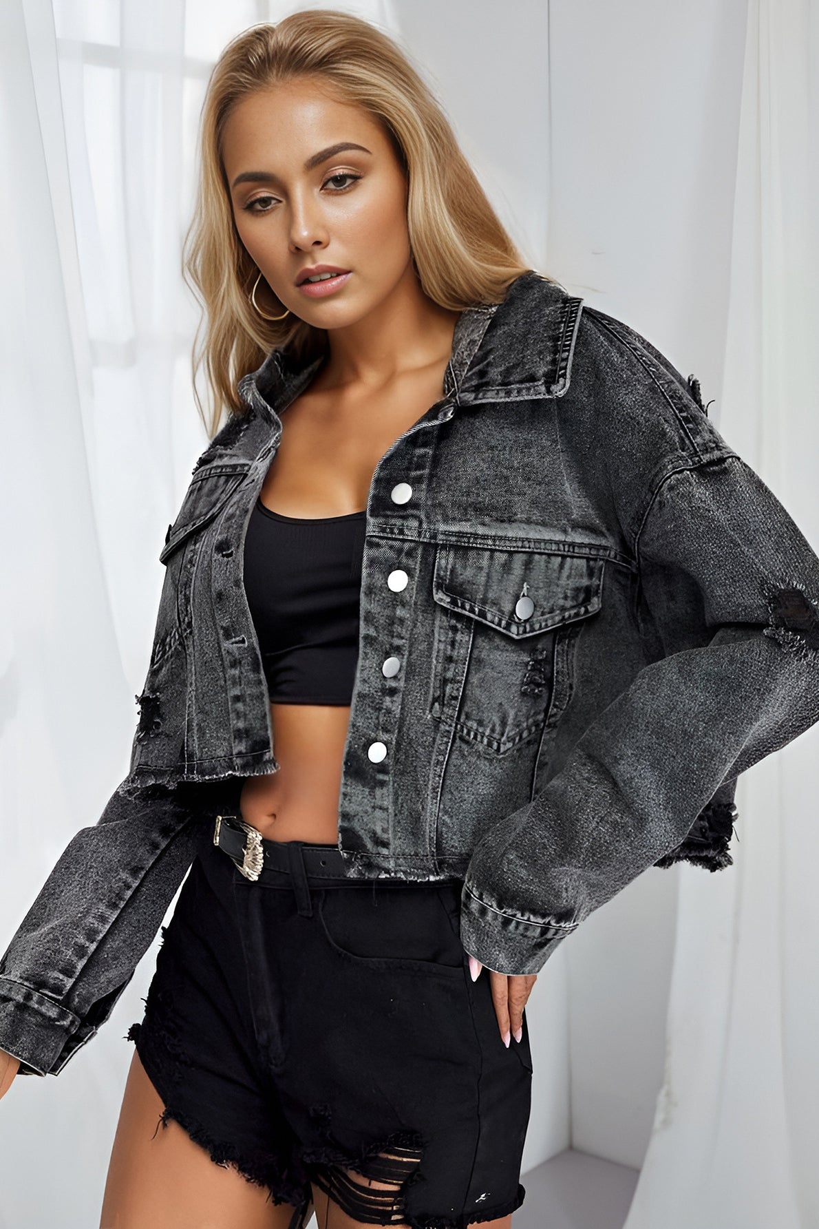 Frayed Distressed Denim Coat