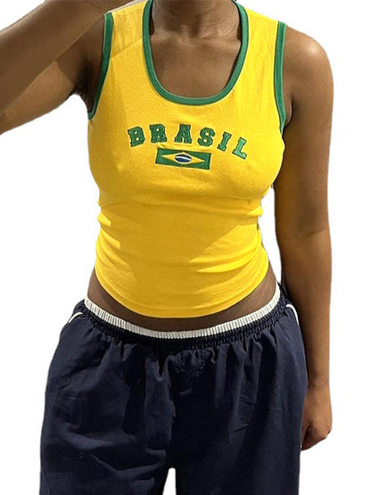 Letter Embroidery Contrast Color U Neck Tank Top