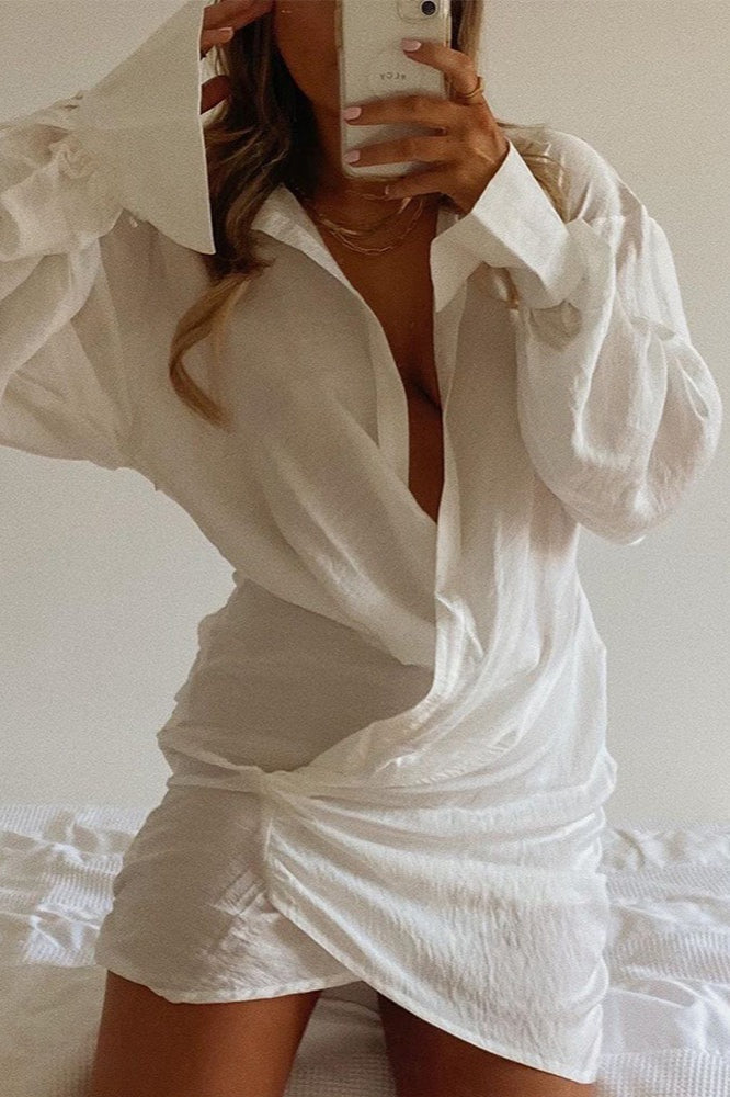 Deep V-Neck Long Bishop Sleeve Twisted Ruched Wrap Tulip Hem Mini Shirt Dress