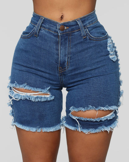 High Waist Ripped Stretch Denim Shorts Women