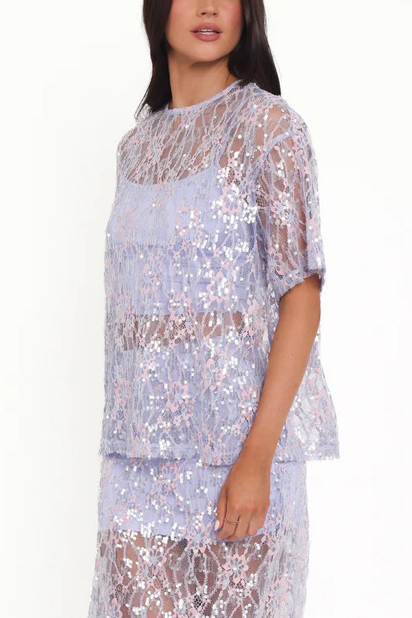 Catch The Light Sheer Sequin Lace Short Sleeve Loose Tee Top