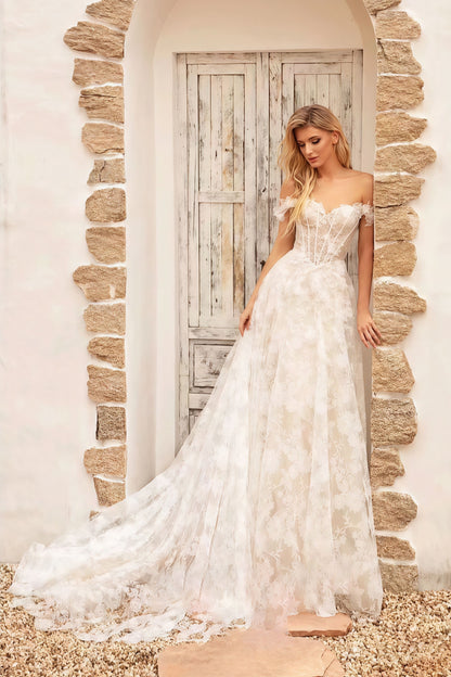 Off Shoulder Lace Applique Boned Wedding Dress