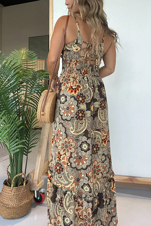 Neck Back Lace-up Slit Floral Print Maxi Cami Dress
