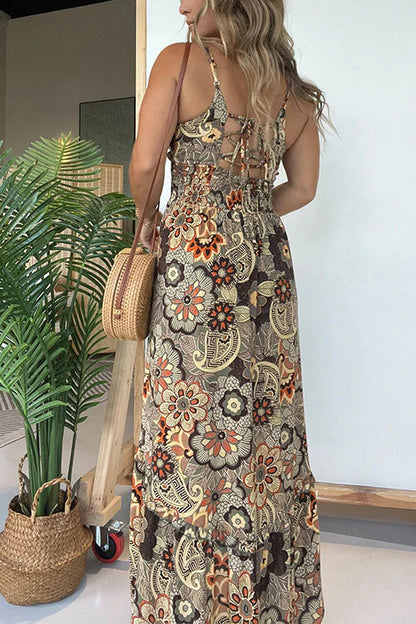 Neck Back Lace-up Slit Floral Print Maxi Cami Dress