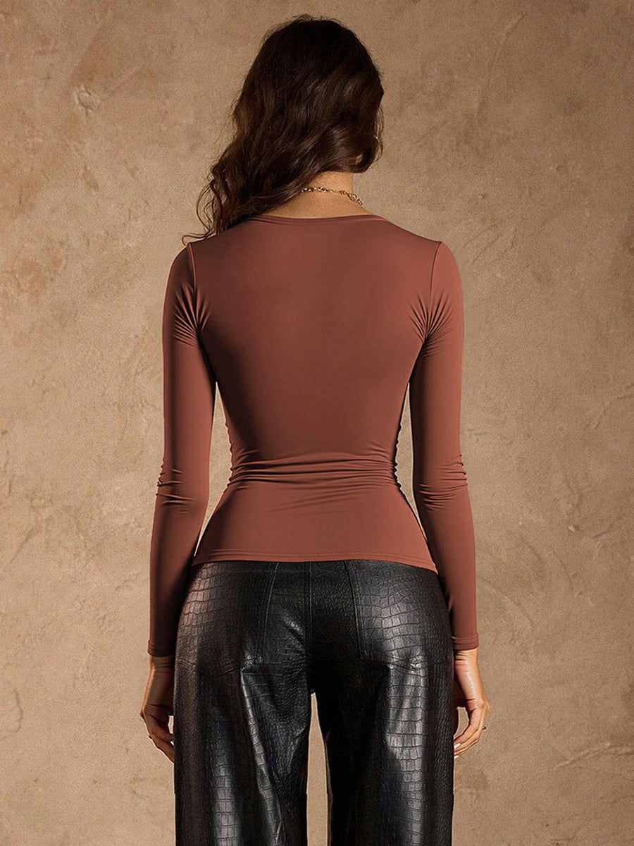 Brown Square Neck Ruched Long Sleeve Slim Fit Top For Women 2026