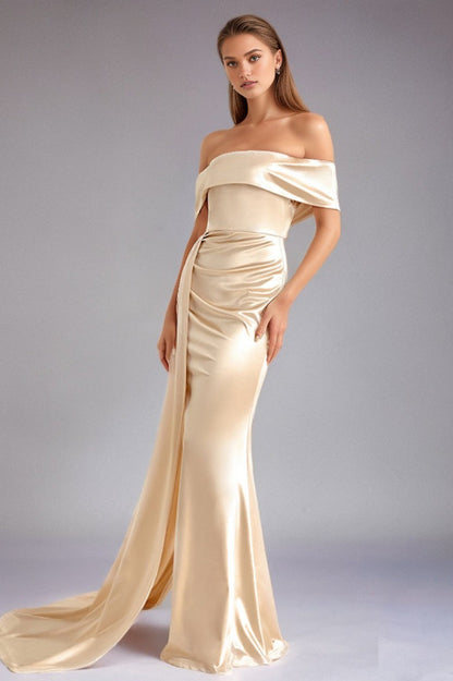 Solid Satin Off-Shoulder Strapless High Waist Formal Dress