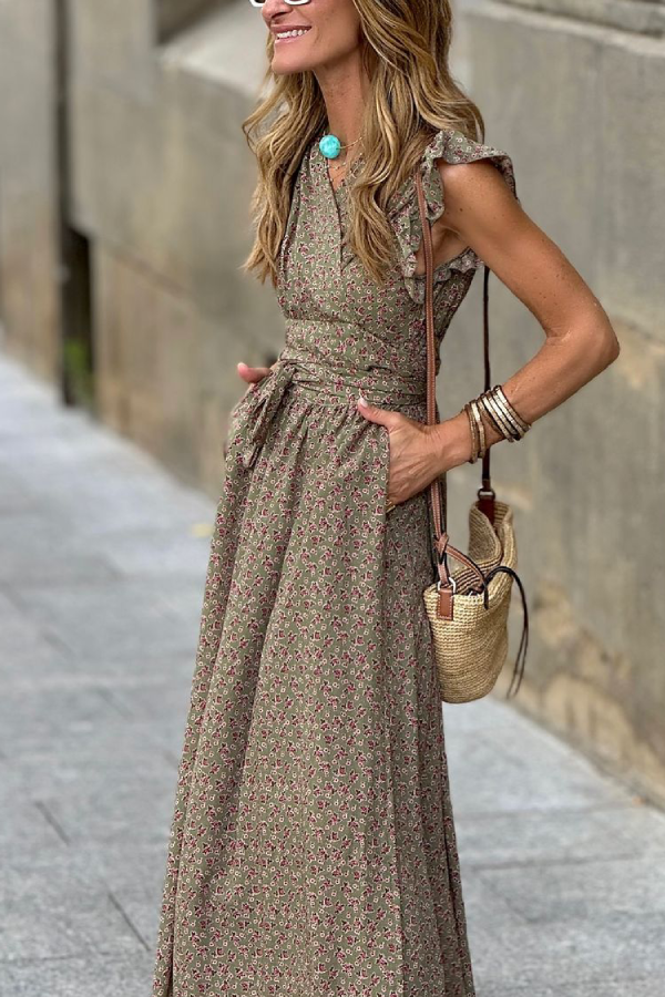 V-neck Ruffled Short-sleeved Waist Floral Long Dress